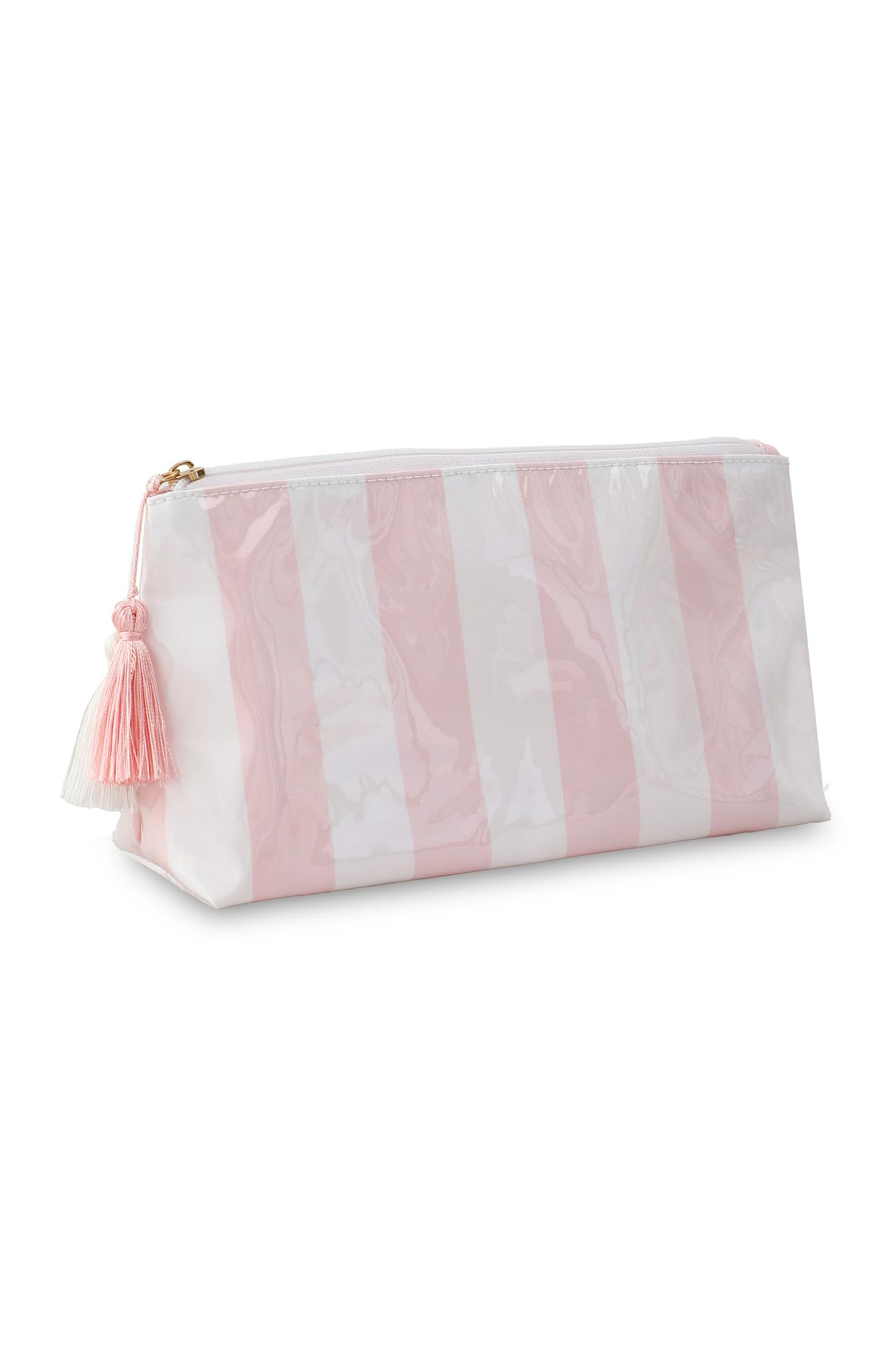 Striped Vinyl Waterproof Tassel Zipper Makeup Bag- 4 COLOR OPTIONS
