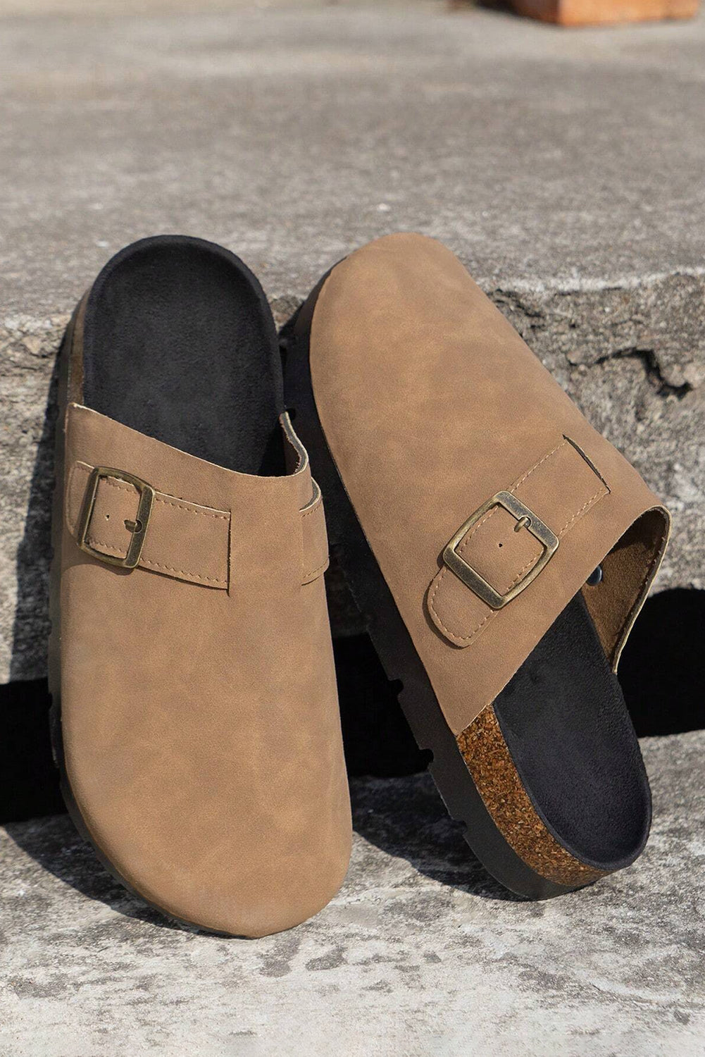 Light French Beige Faux Suede Retro Buckle Round Toe Mule Slippers