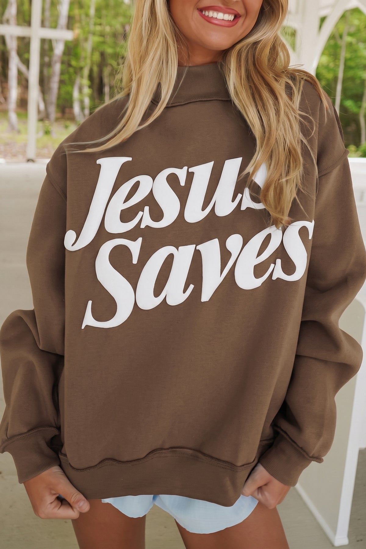 Jesus Saves Slogan Print Stand Neck Baggy Sweatshirt -2 COLOR OPTIONS