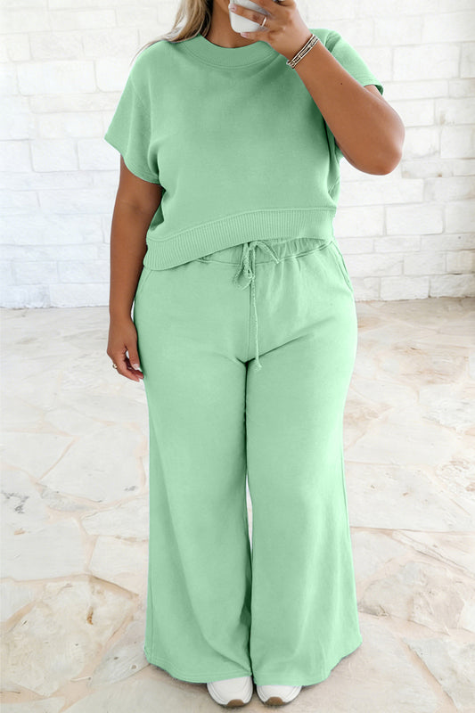 PLUS SIZE Solid Color Ribbed Trim Short Sleeve Top Drawstring Loose Pants 2pcs Outfit- 2 COLOR OPTIONS