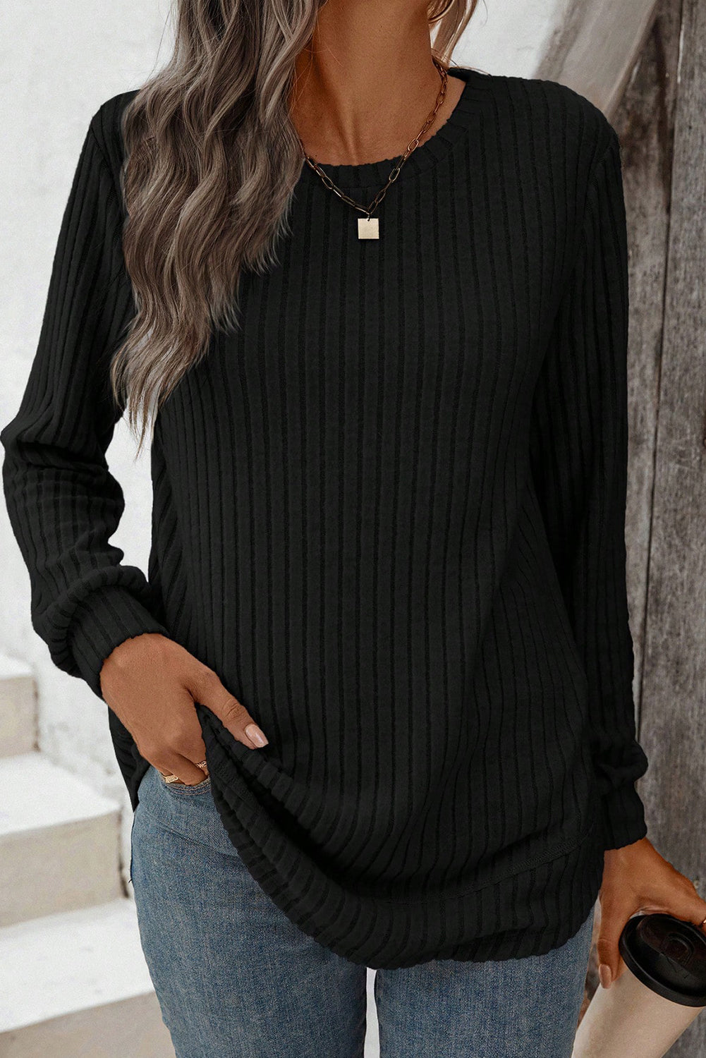 Ribbed Texture Round Neck Long Sleeve Rounded Hem Top -3 COLOR OPTIONS