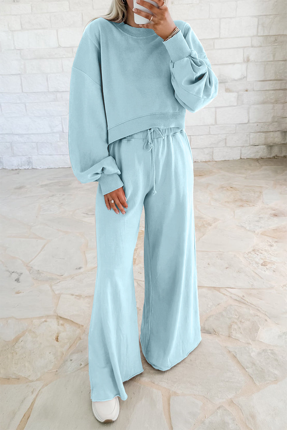 SANTA'S SPECIAL DELIVERY -Mist Blue Drop Shoulder Crop Pullover Drawstring Wide Leg Pants Set