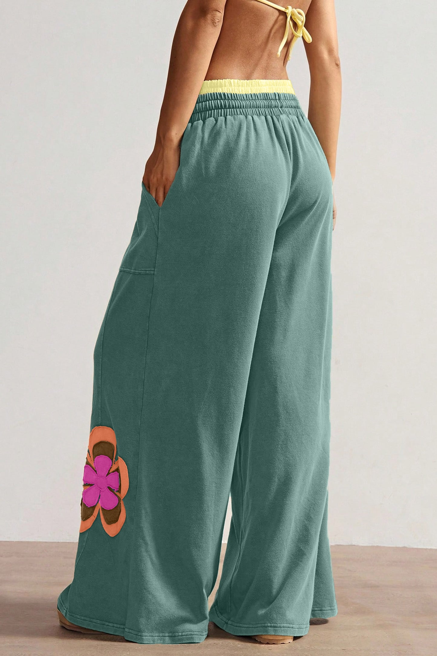 Color Block Flower Patchwork Drawstring Contrasted Elastic Waist Wide Leg Pants - 3 COLOR OPTIONS