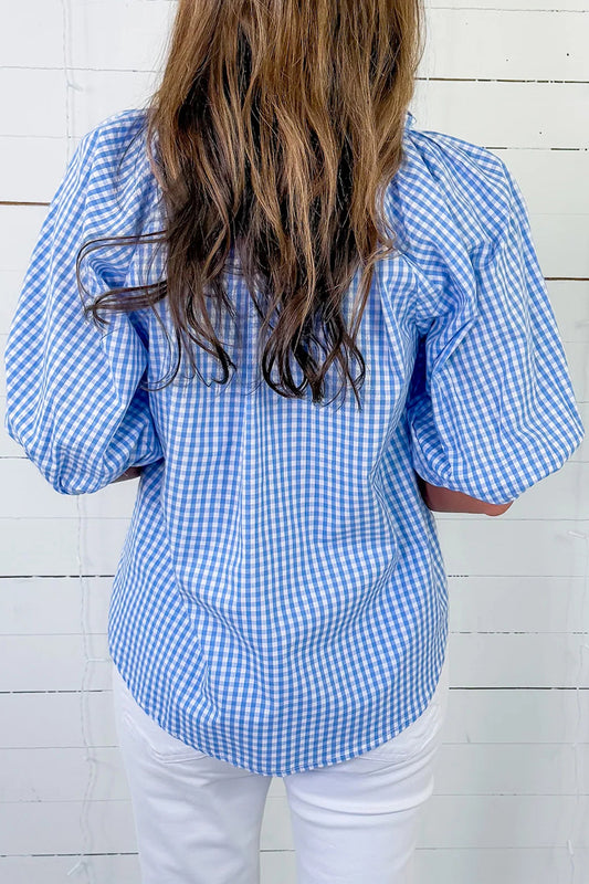 Sky Blue Summer Plaid Cornflower Blouse Top