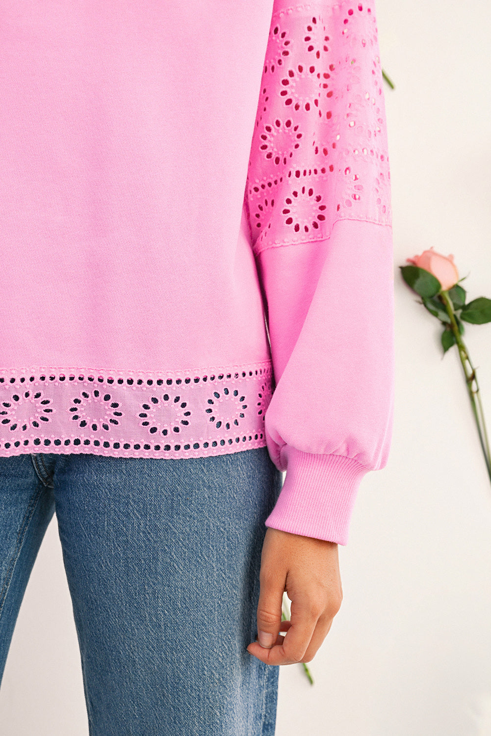 Embroidered Flower Patchwork Snap Buttons Pullover Sweatshirt -2 COLOR OPTIONS