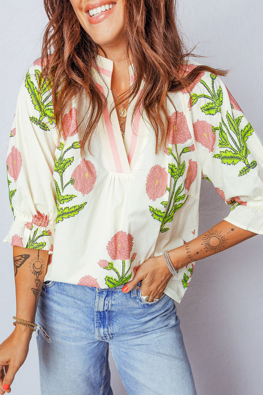 Casual Wild Flower Print V Neck 3/4 Sleeve Blouse - 3 COLOR OPTIONS