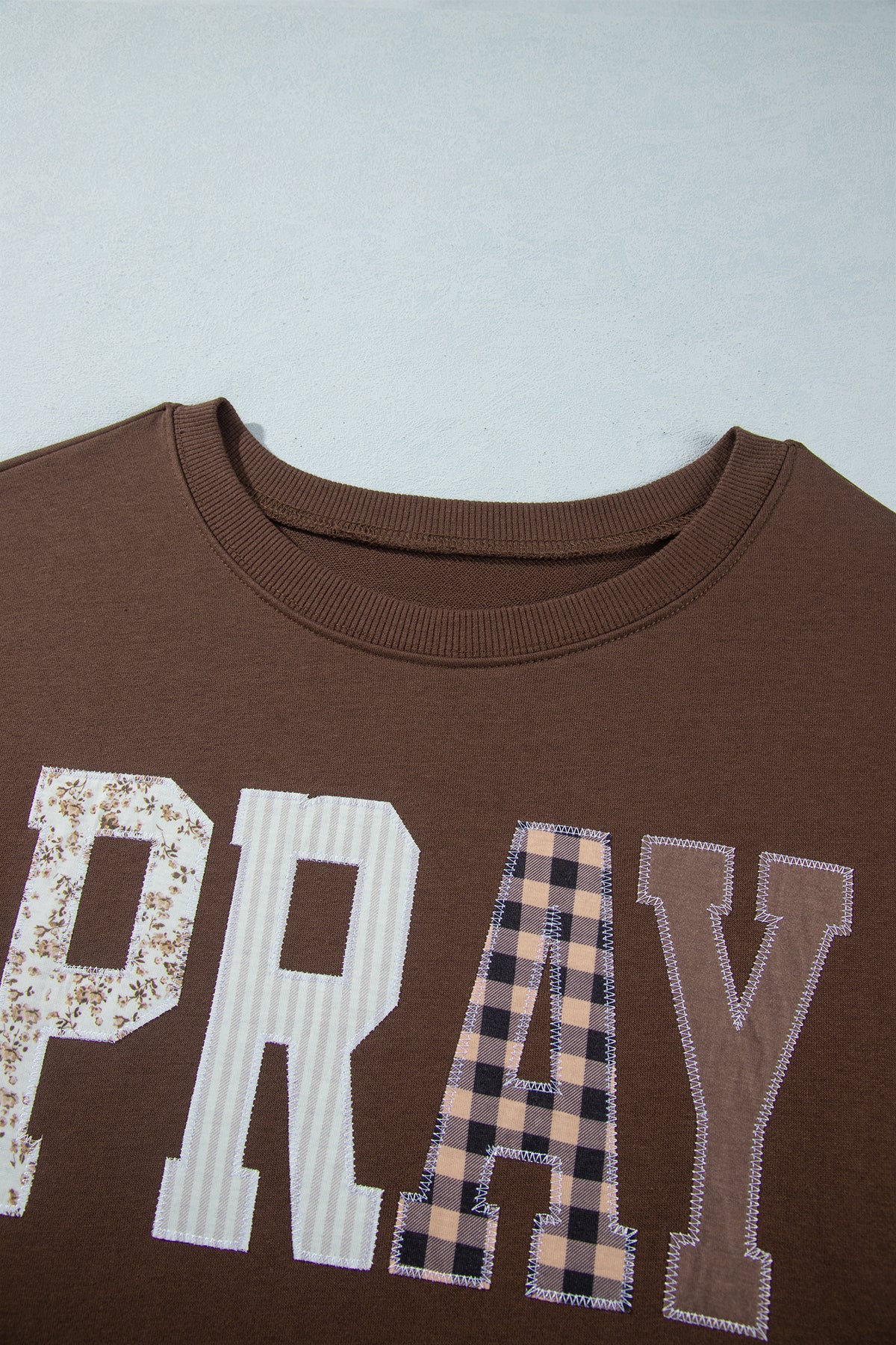 PLUS SIZE -Coffee PRAY Letter Patchwork Round Neck Long Sleeve Plus Size Sweatshirt