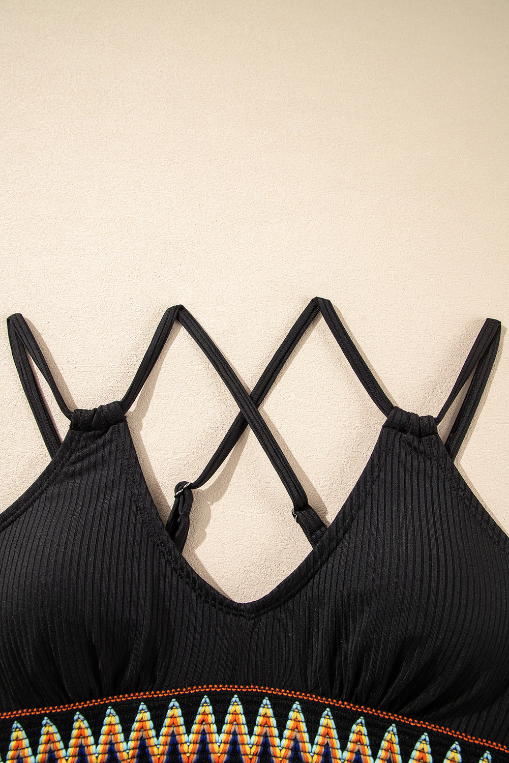 Ribbed Knit Tribal Contrast Detail 2pcs High Waist Swimsuit -5 COLOR OPTIONS