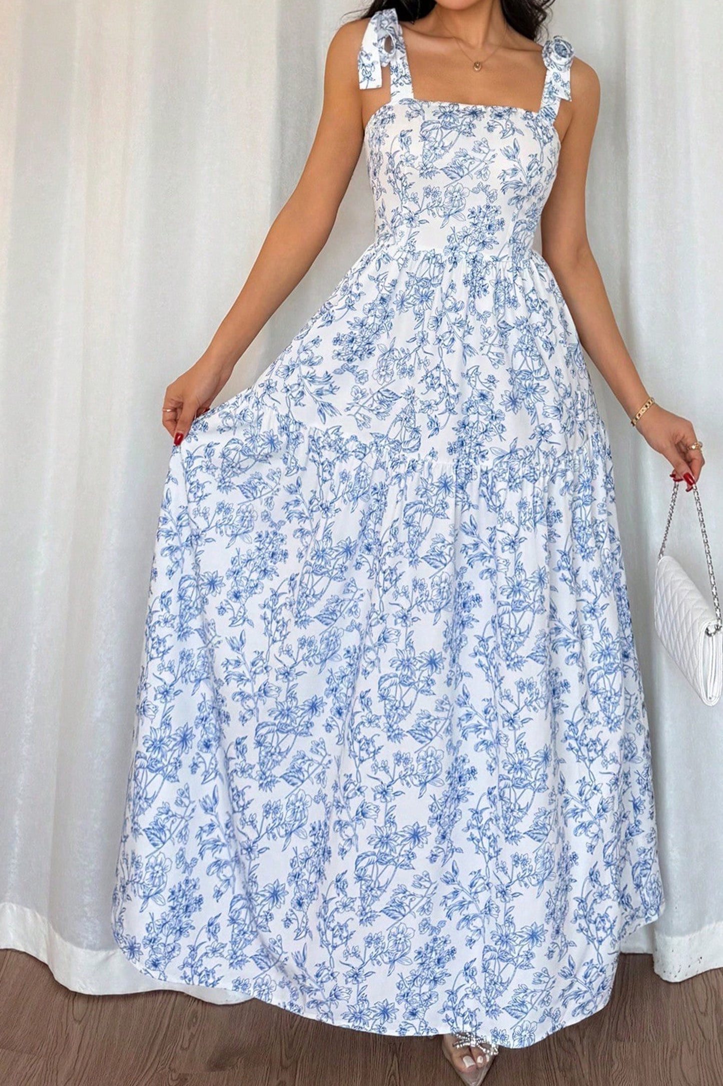Floral Print Knot Straps High Waist Flared Maxi Dress- 2 COLOR OPTIONS