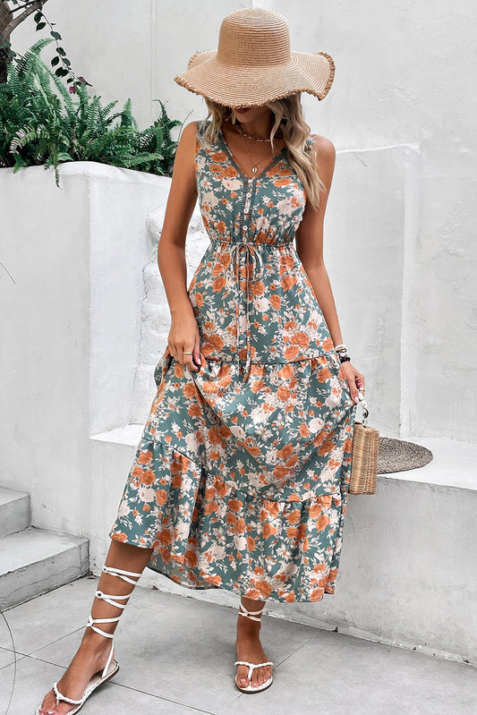 Green Floral Print Trimmed V Neck Sleeveless Vacation Dress