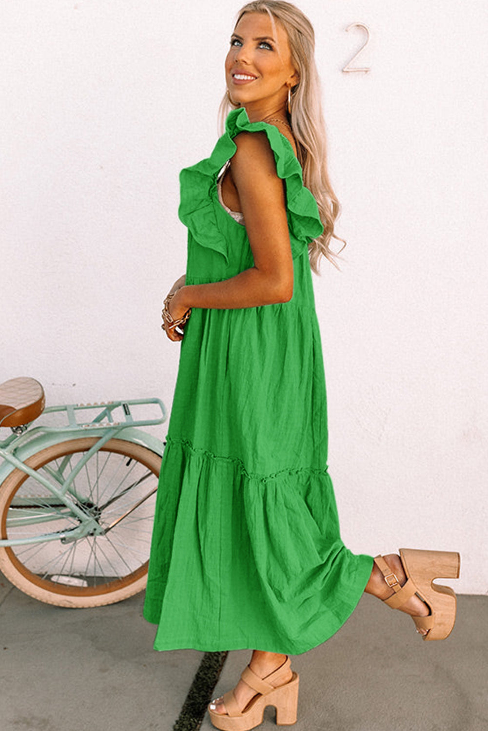 Green Ruffled Flutter Sleeve Square Neck Textured Tiered Maxi Dress