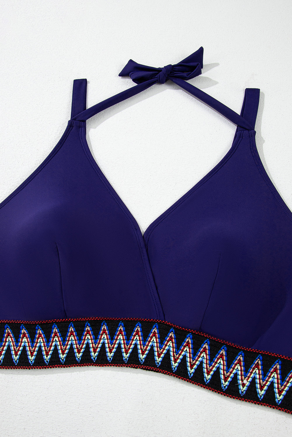 PLUS SIZE Navy Blue Embroidered Trim Wrap Tie Knot High Waisted Bikini Set
