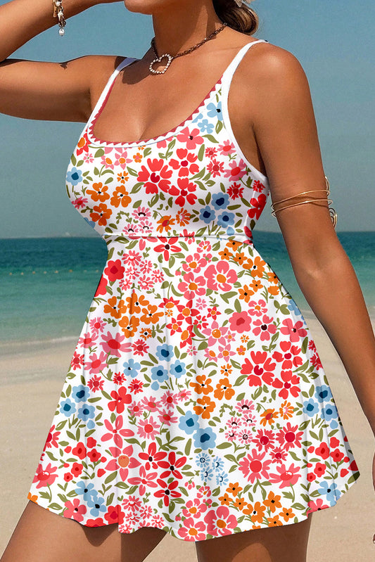 Floral Print Ricrac Trim Spaghetti Strap One Piece Swim Dress -2 COLOR OPTIONS