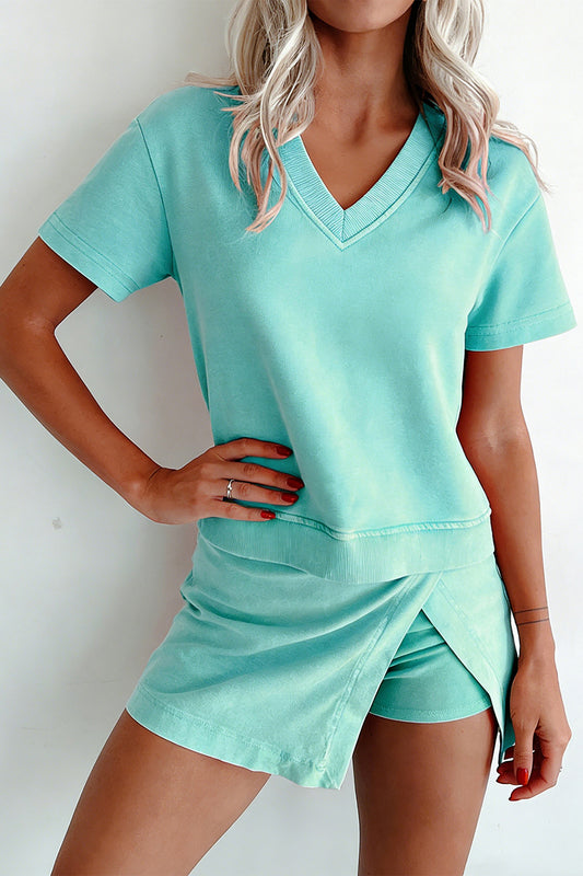 Mineral Wash V Neck Tee Matching Skort Set -2 COLOR OPTIONS