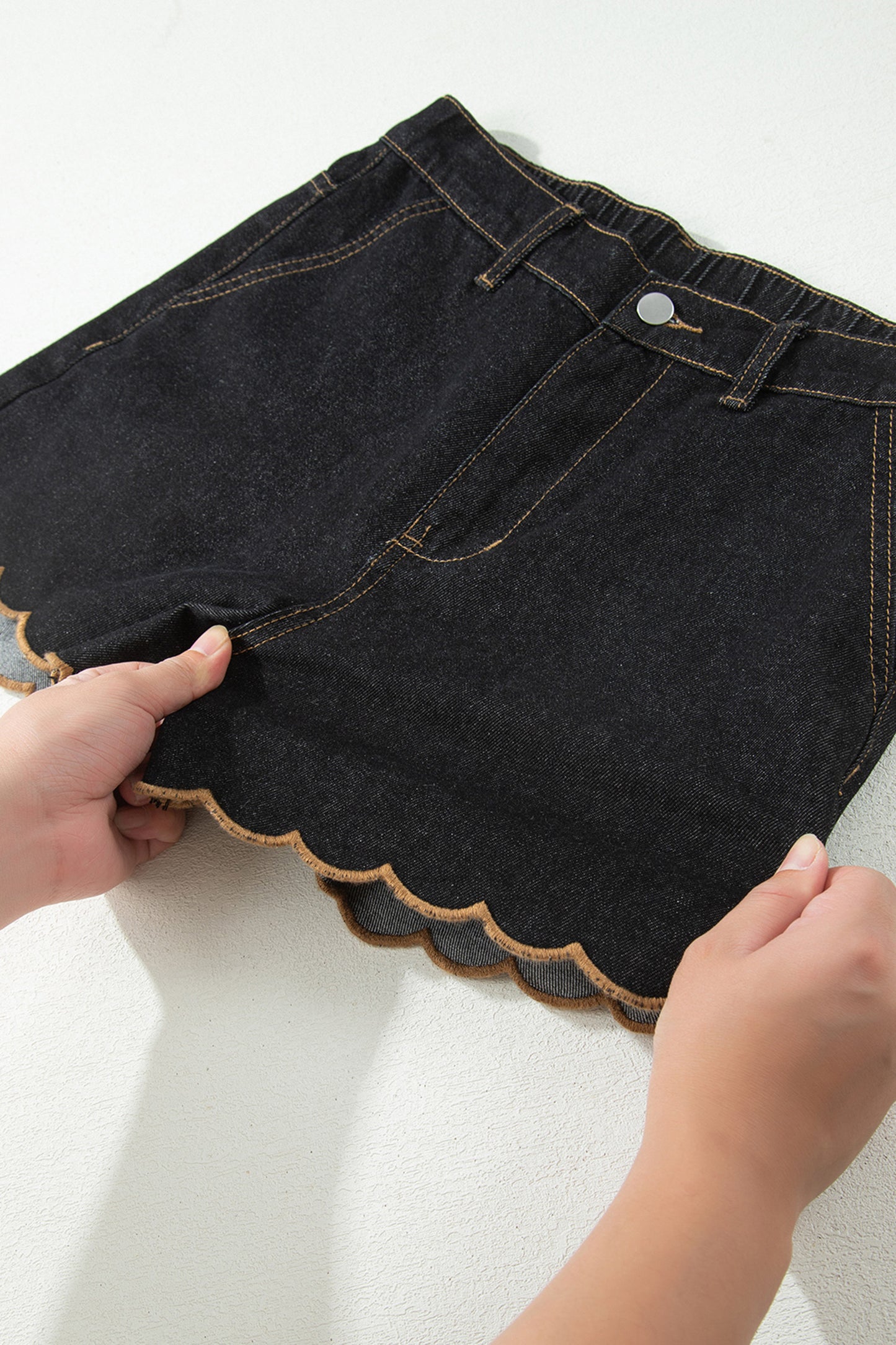 Embroidered Scalloped Trim Relaxed Denim Shorts- 2 COLOR OPTIONS