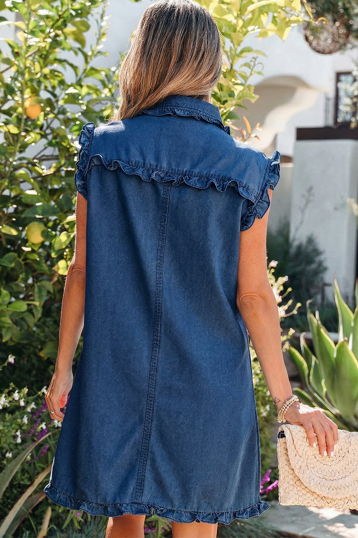 Ruffled Edge Collared Shift Denim Dress with Pockets- 3 COLOR OPTIONS