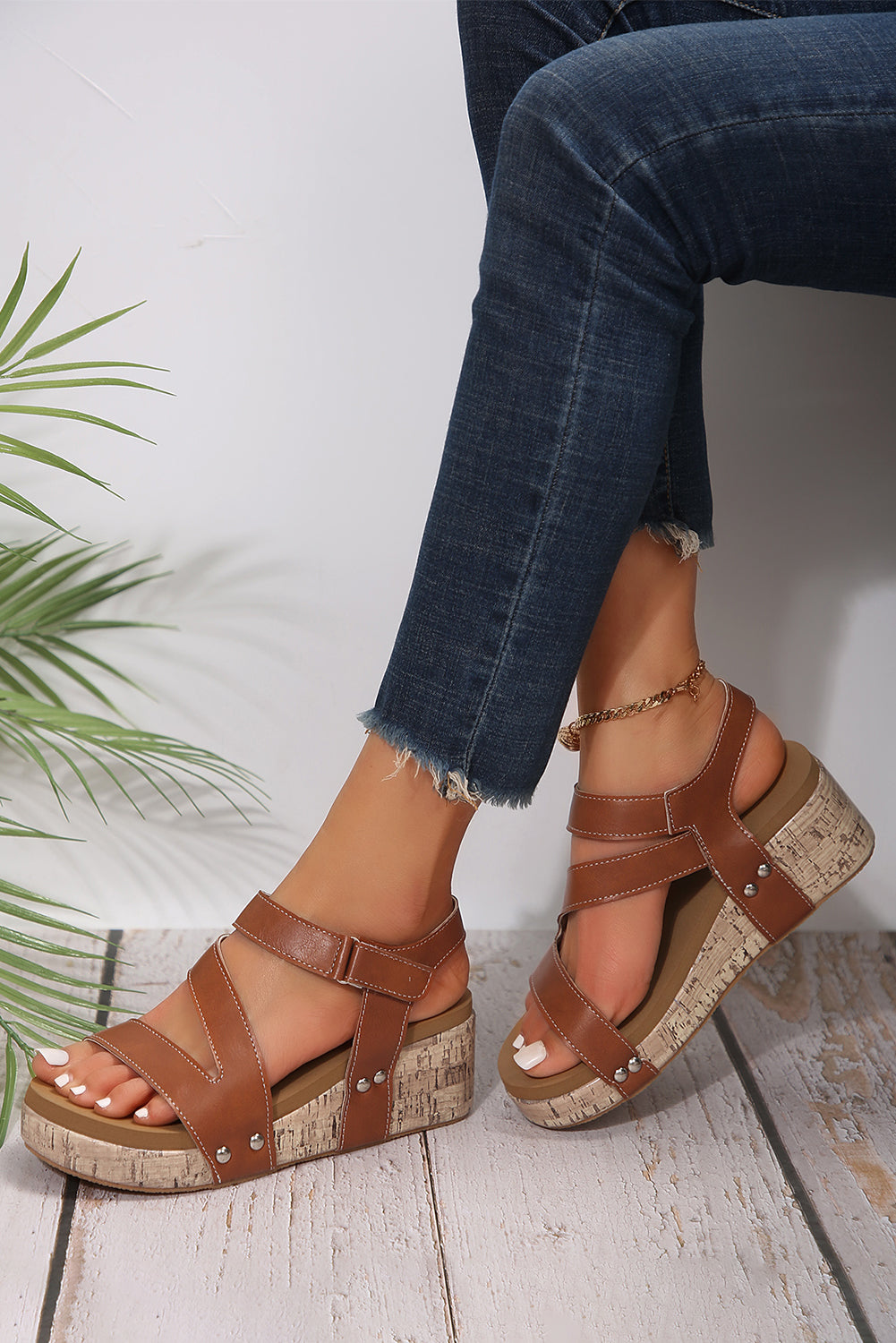 Hollow Out Velcro Leather Wedge Slides Shoes- 2 COLOR OPTIONS