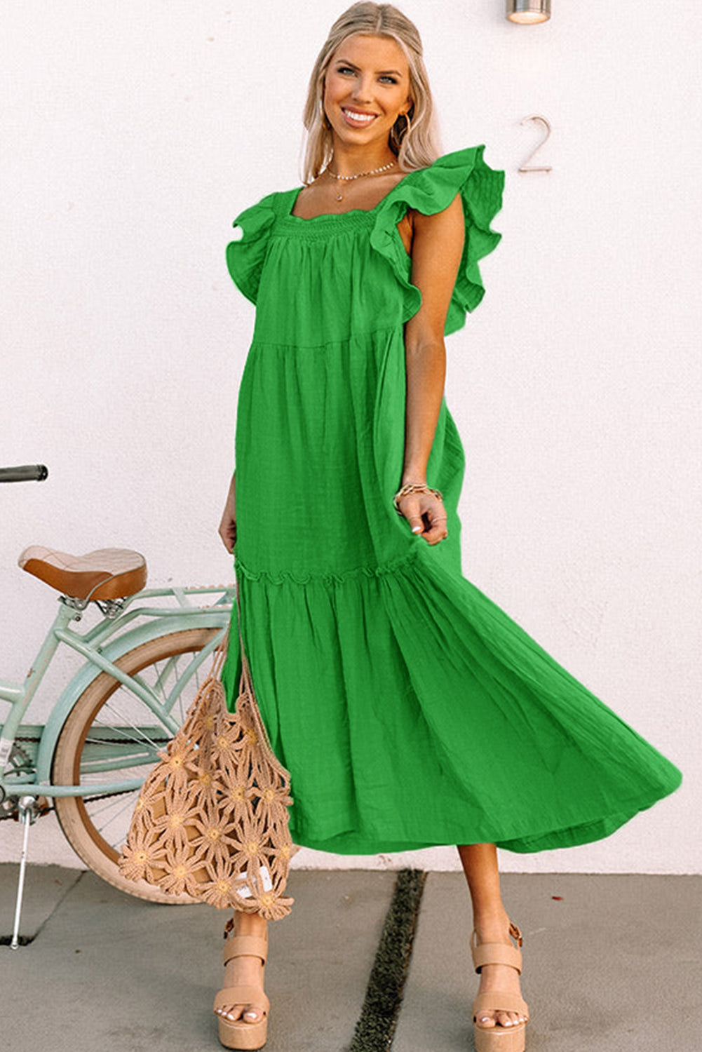 Green Ruffled Flutter Sleeve Square Neck Textured Tiered Maxi Dress