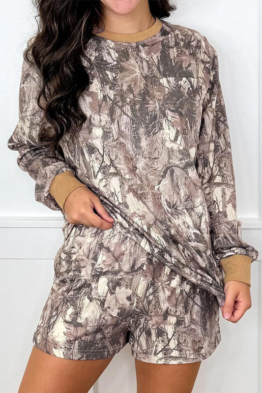 Khaki Camo Print Contrast Trim Long Sleeve Pullover Shorts Set