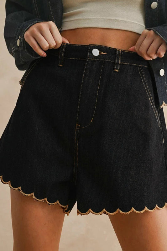 Embroidered Scalloped Trim Relaxed Denim Shorts- 2 COLOR OPTIONS
