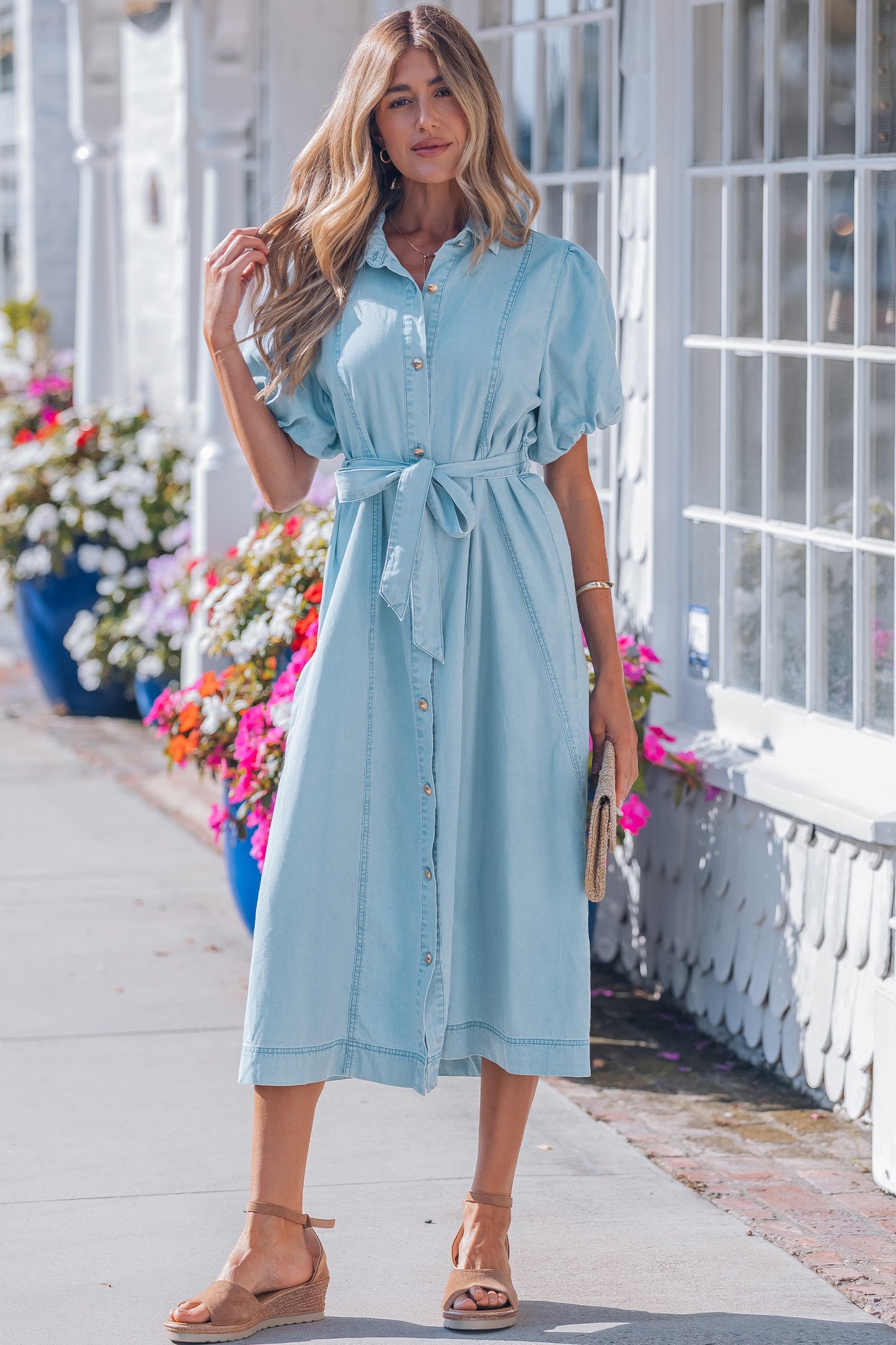 Sail Blue Full Buttons Collared Short Bubble Sleeve Long Denim Dress -2 COLOR OPTIONS