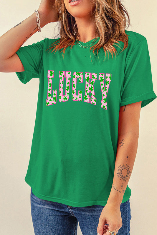 Bright Green LUCKY Clover Letter Printed Crew Neck T Shirt