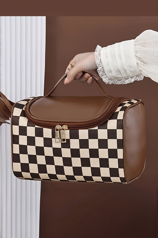 Brown Checker Print Leather Zipper Makeup Bag