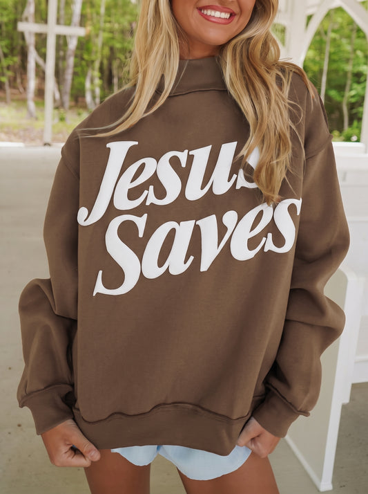 Jesus Saves Slogan Print Stand Neck Baggy Sweatshirt -2 COLOR OPTIONS