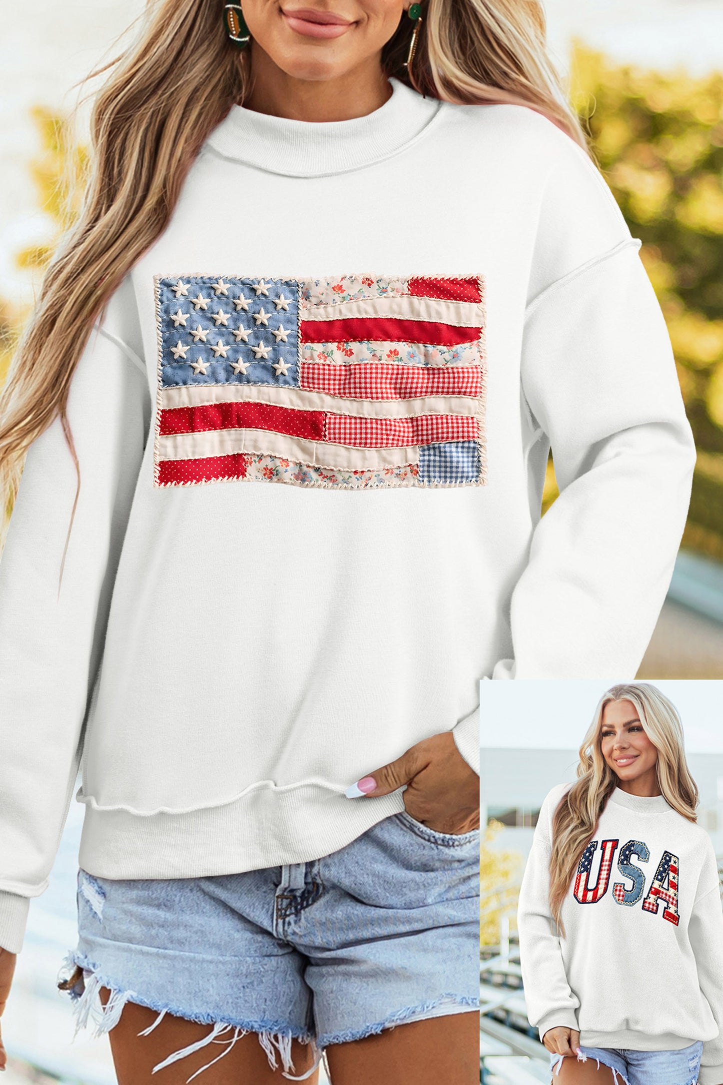 Patchwork Print USA Flag Double Side Printed Reversible Sweatshirt