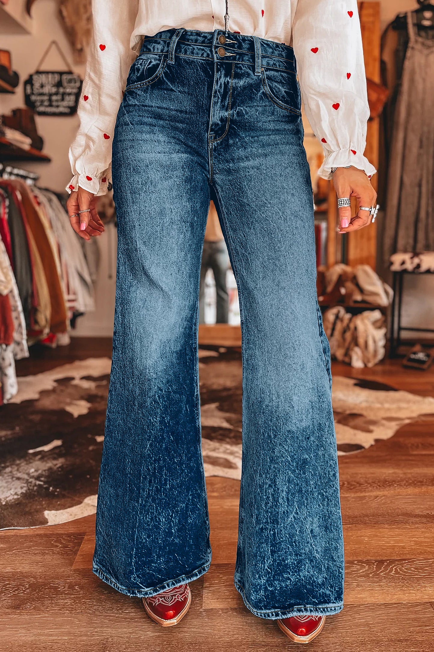 Blue Acid Wash Pocket Detail Flare Jeans -2 COLOR OPTIONS