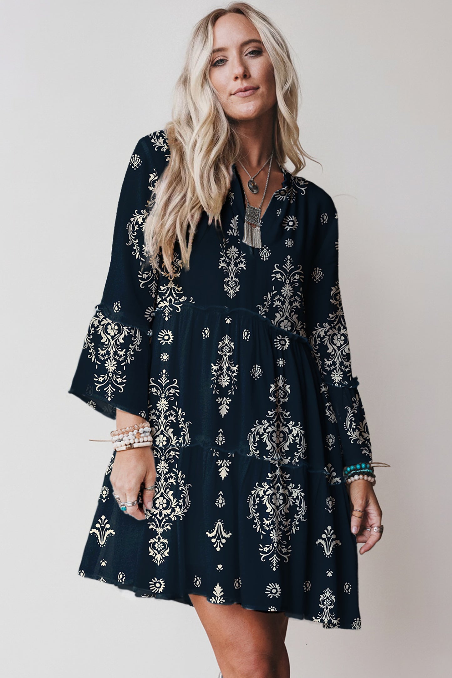 Boho Floral Print Lettuce Trim 3/4 Sleeve Mini Dress- 3 COLOR OPTIONS