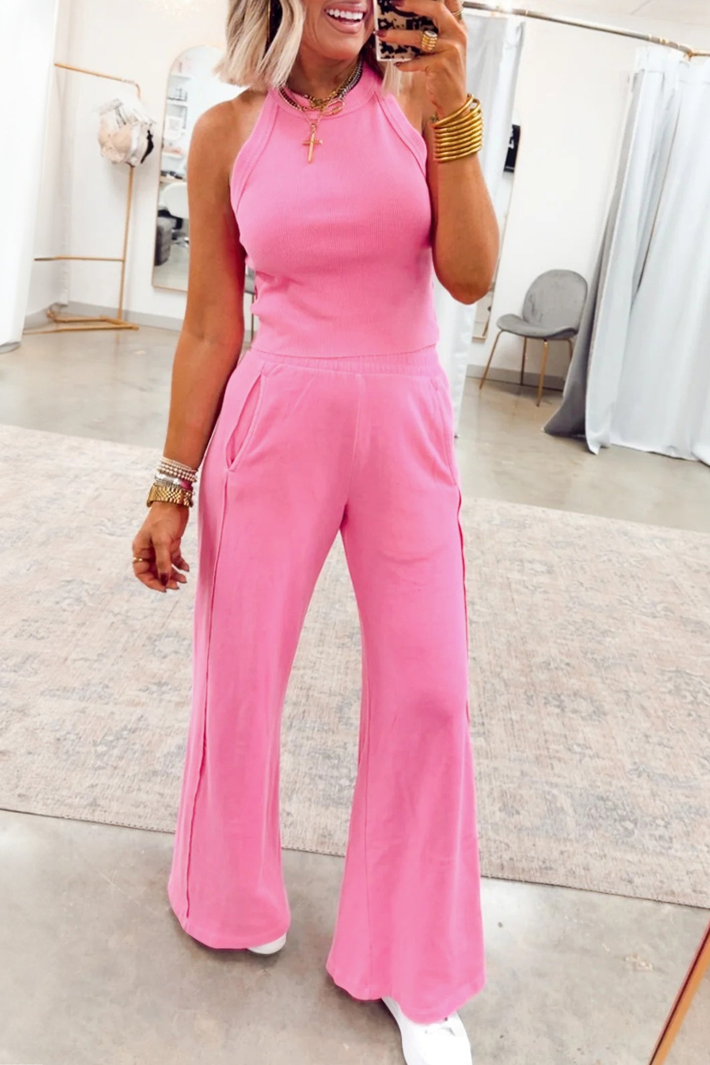Slim Ribbed Tank Top and Sweatpants Set -3 COLOR OPTIONS