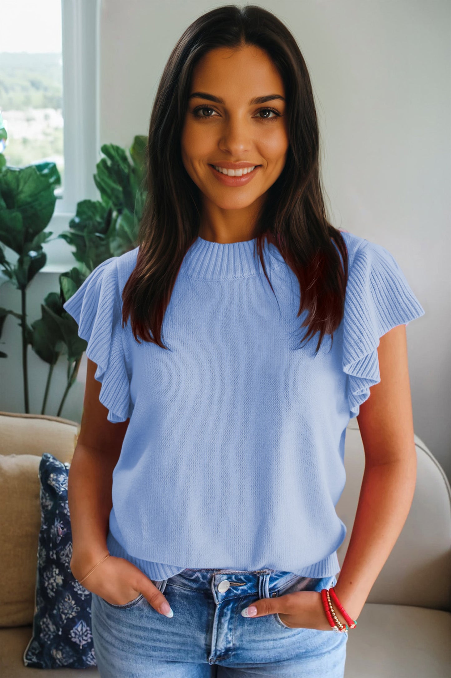 Solid Color Ribbed Trim Round Neck Ruffle Short Sleeve Sweater -3 COLOR OPTIONS