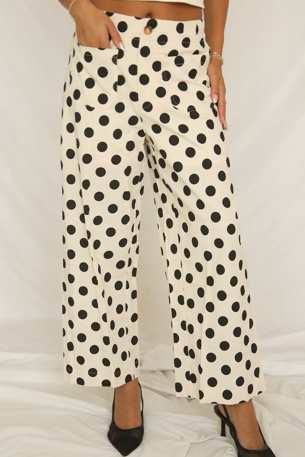 Polka Dot Print Patched Pocket Mid-rise Straight Leg Pants- 4 COLOR OPTIONS