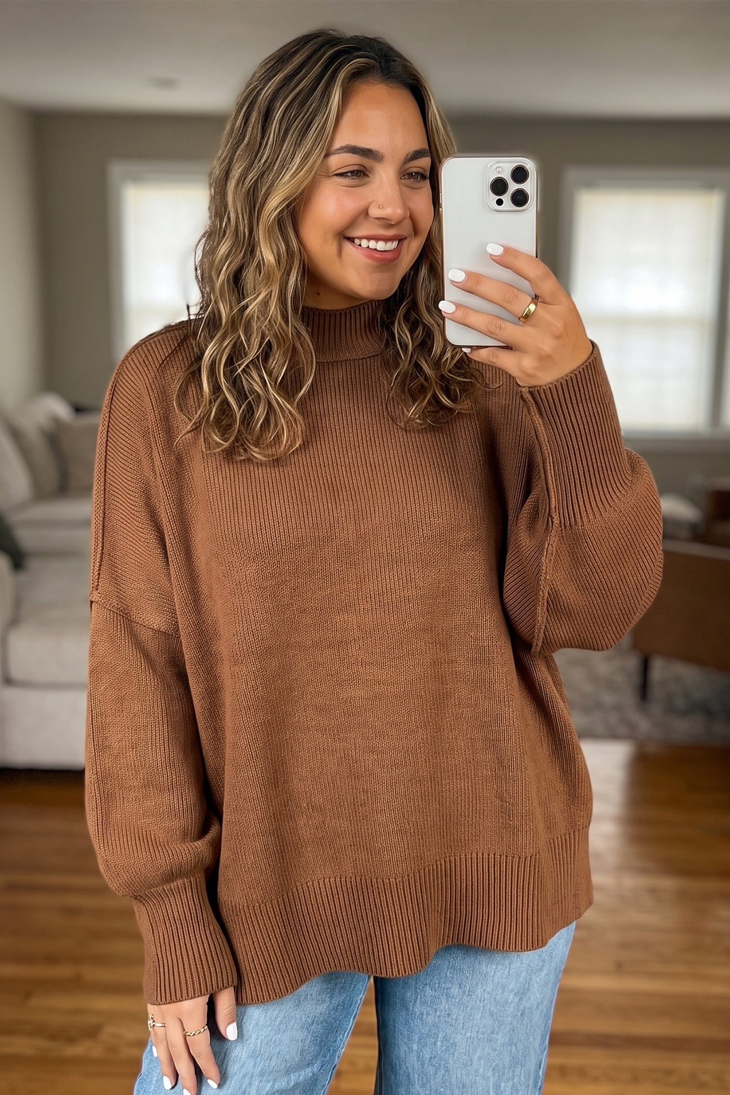 PLUS SIZE -Chestnut Oversized Ribbed Knit Long Sleeve Tunic Plus Size Sweater