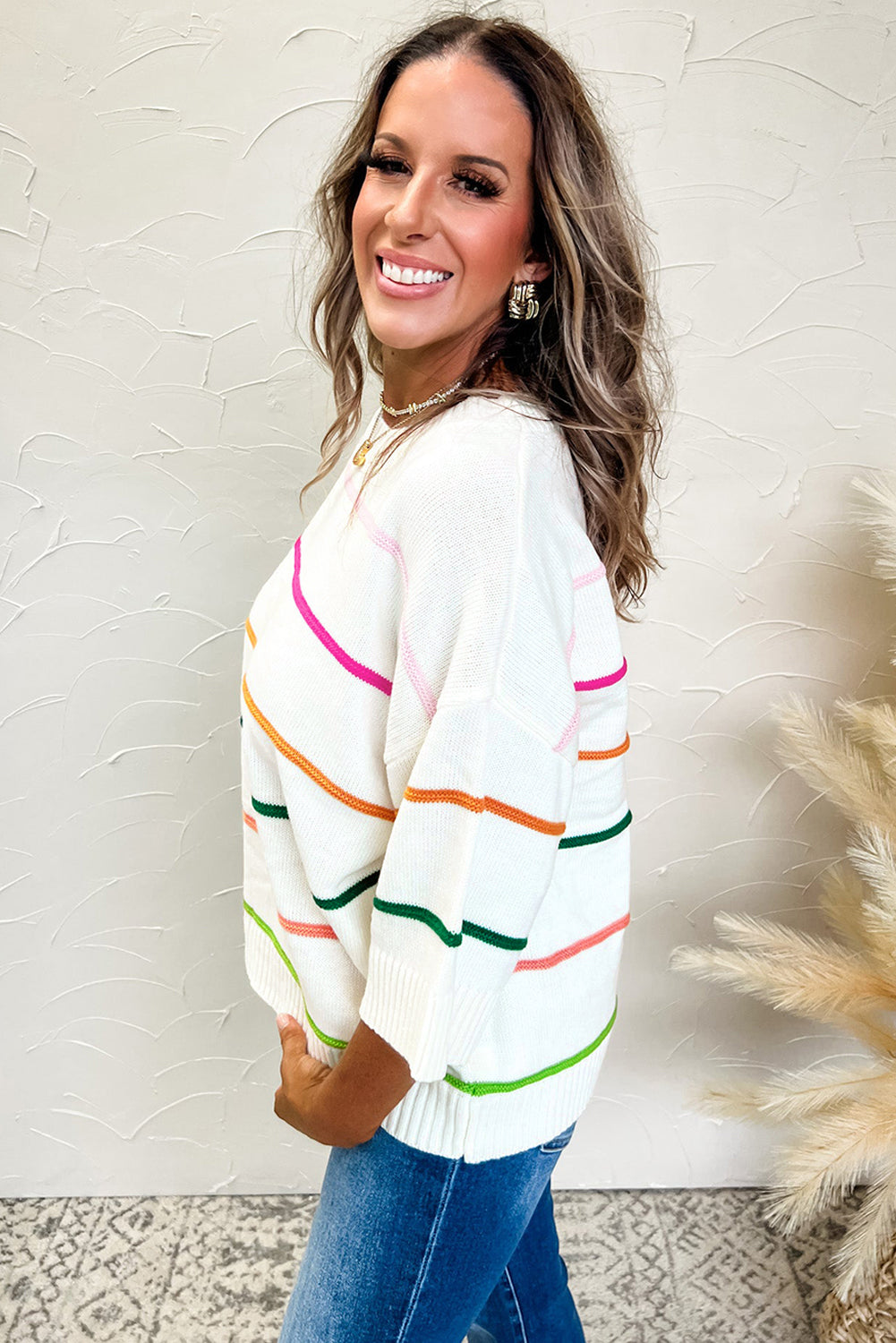 Striped Half Sleeve Drop Shoulder Sweater -3 COLOR OPTIONS