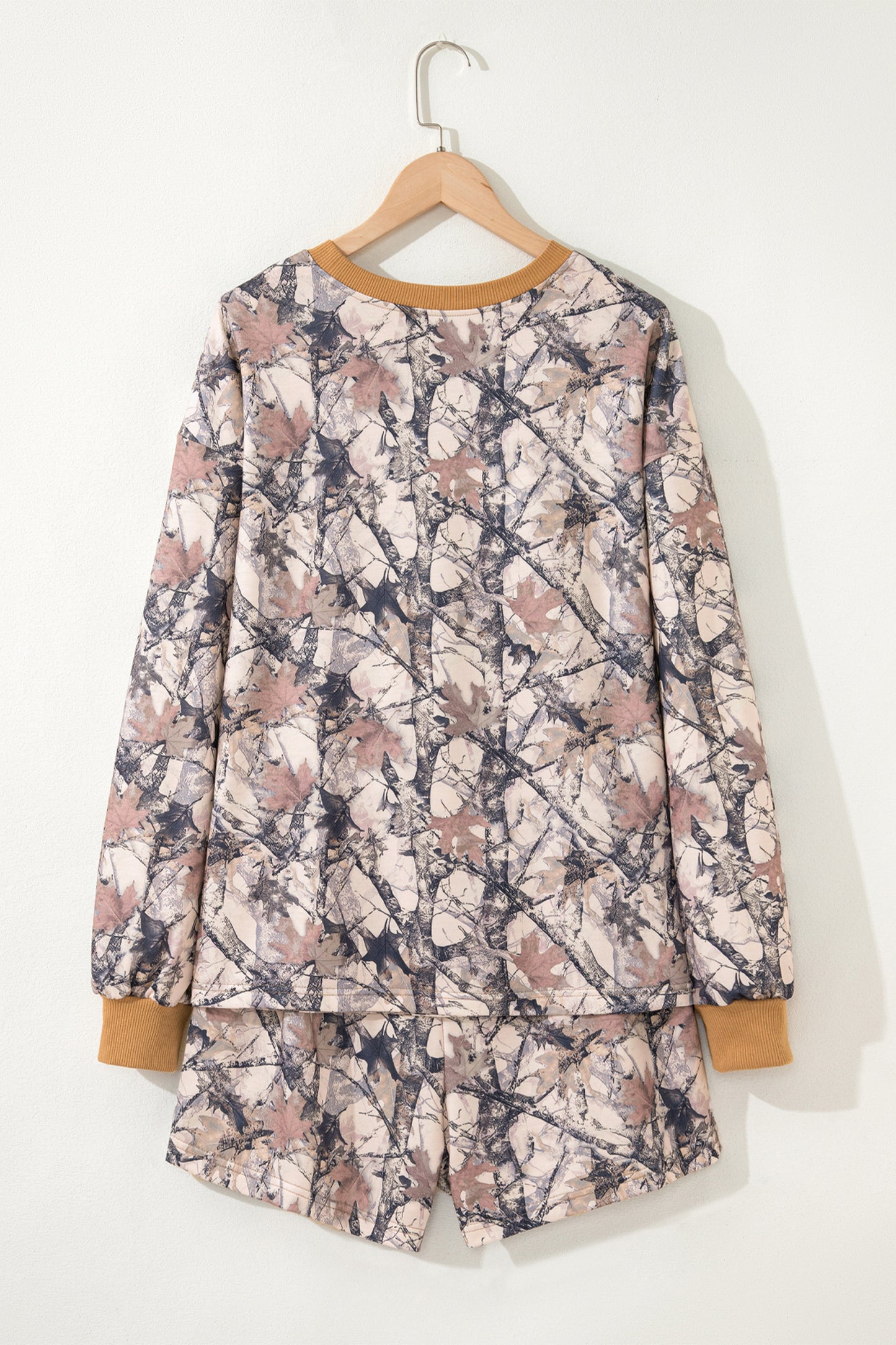 Khaki Camo Print Contrast Trim Long Sleeve Pullover Shorts Set