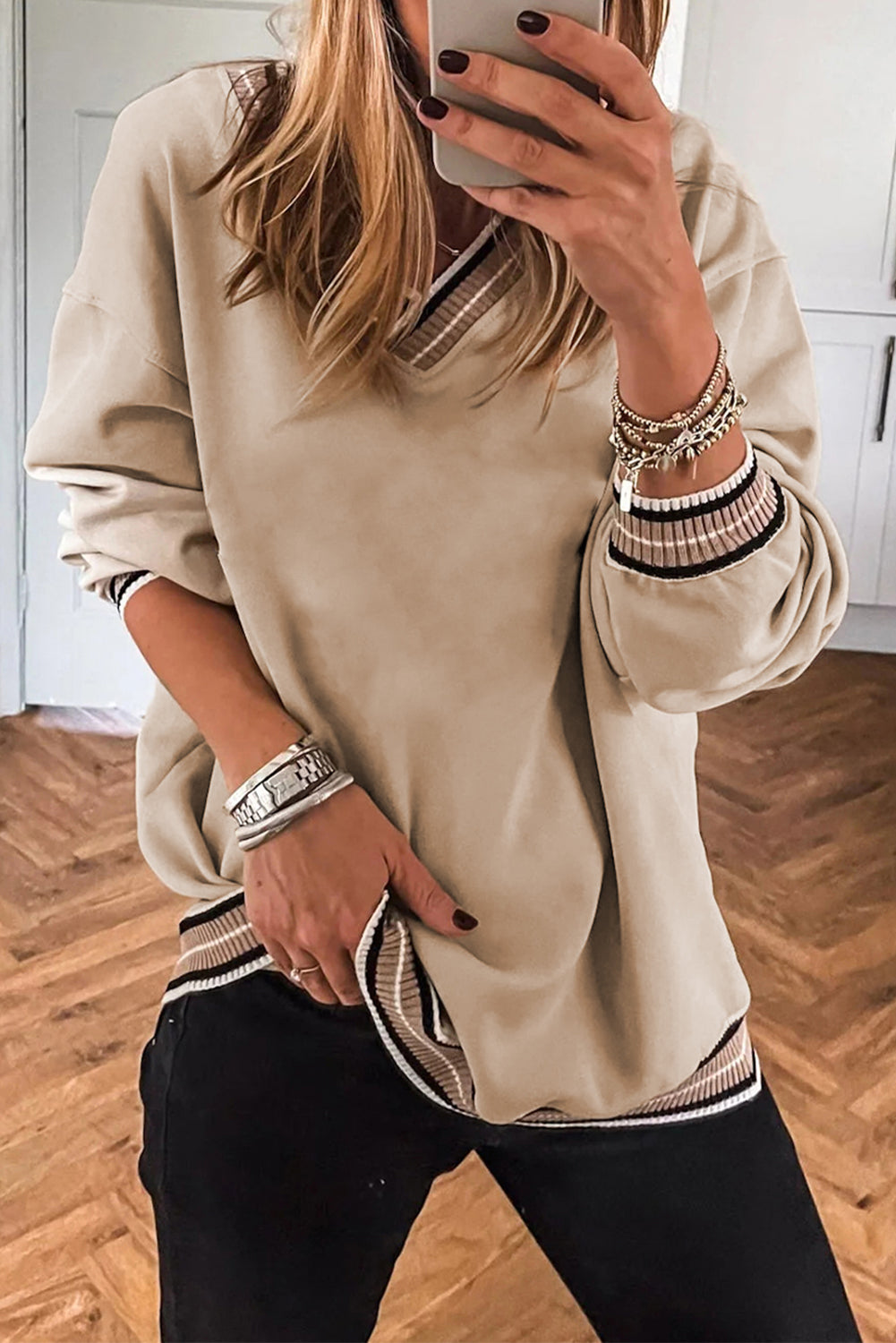 Varsity Contrast Trim V Neck Sweatshirt -2 COLOR OPTIONS