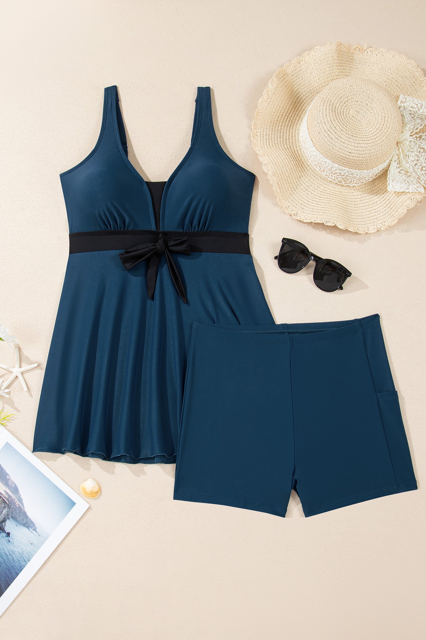 Color Block Patchwork Bow Knot Detail Sleeveless Swim Dress 2pc -3 COLOR OPTIONS