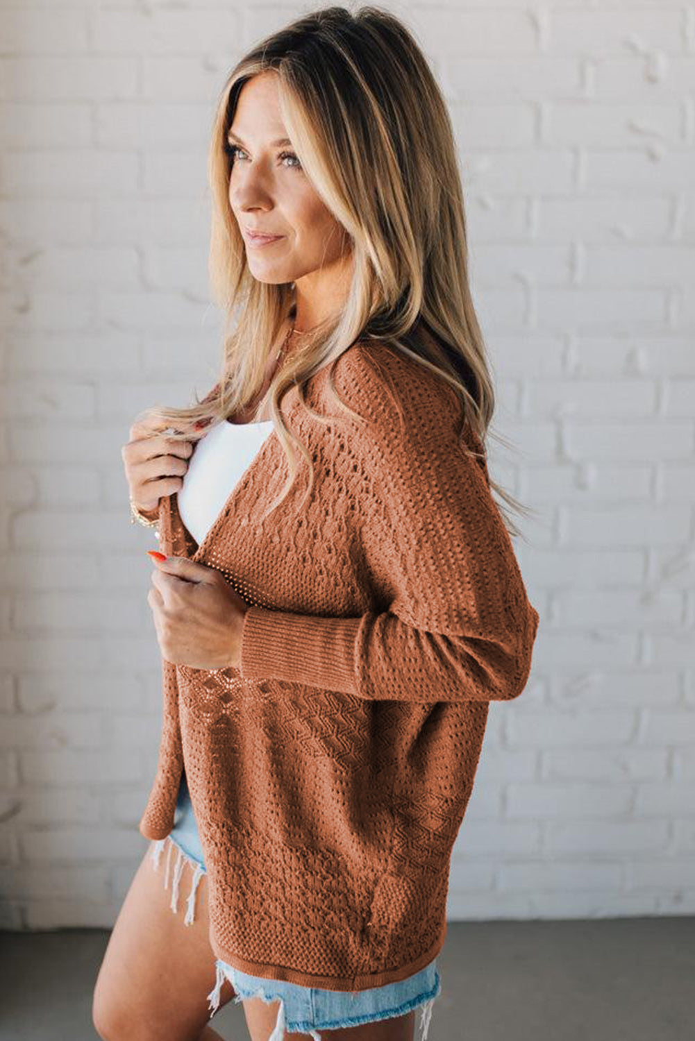 Burl Mix Pattern Hollow Knit Open Front Cardigan -3 COLOR OPTIONS