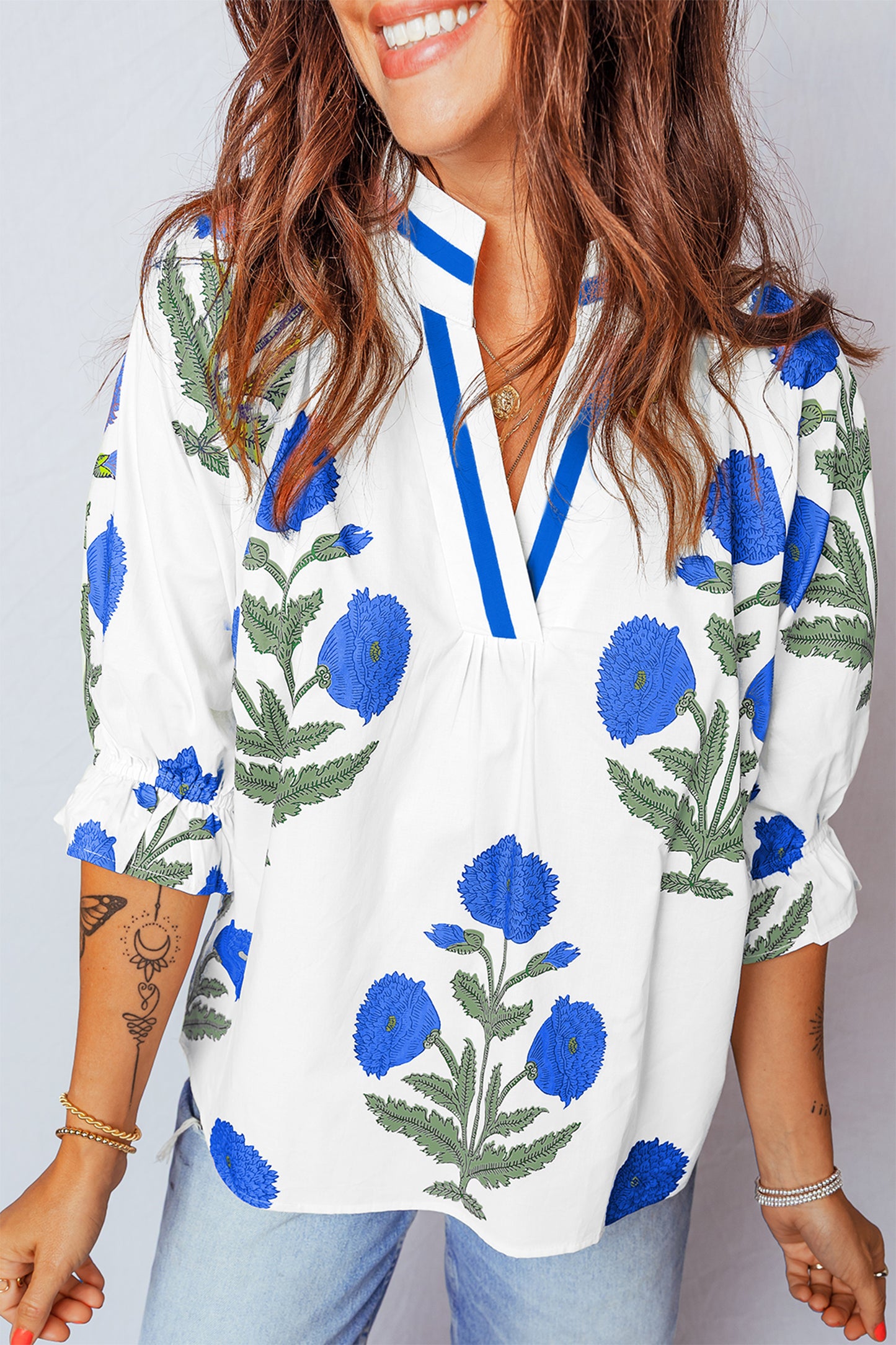 Casual Wild Flower Print V Neck 3/4 Sleeve Blouse - 3 COLOR OPTIONS