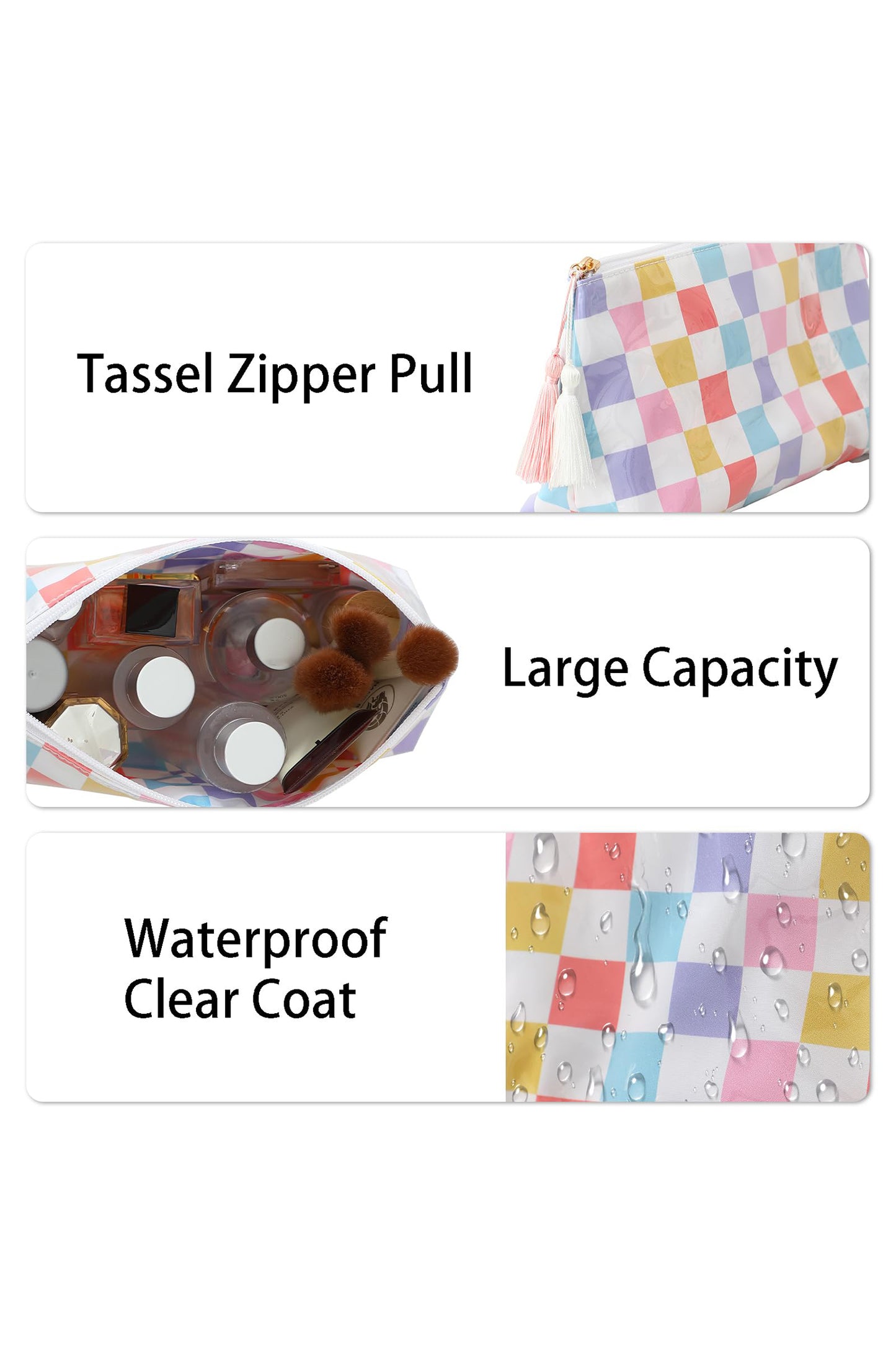 Striped Vinyl Waterproof Tassel Zipper Makeup Bag- 4 COLOR OPTIONS