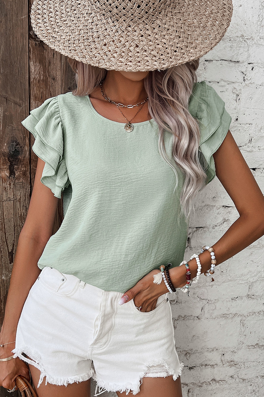 Solid Color Ruffle Sleeve Crinkled Blouse -2 COLOR OPTIONS