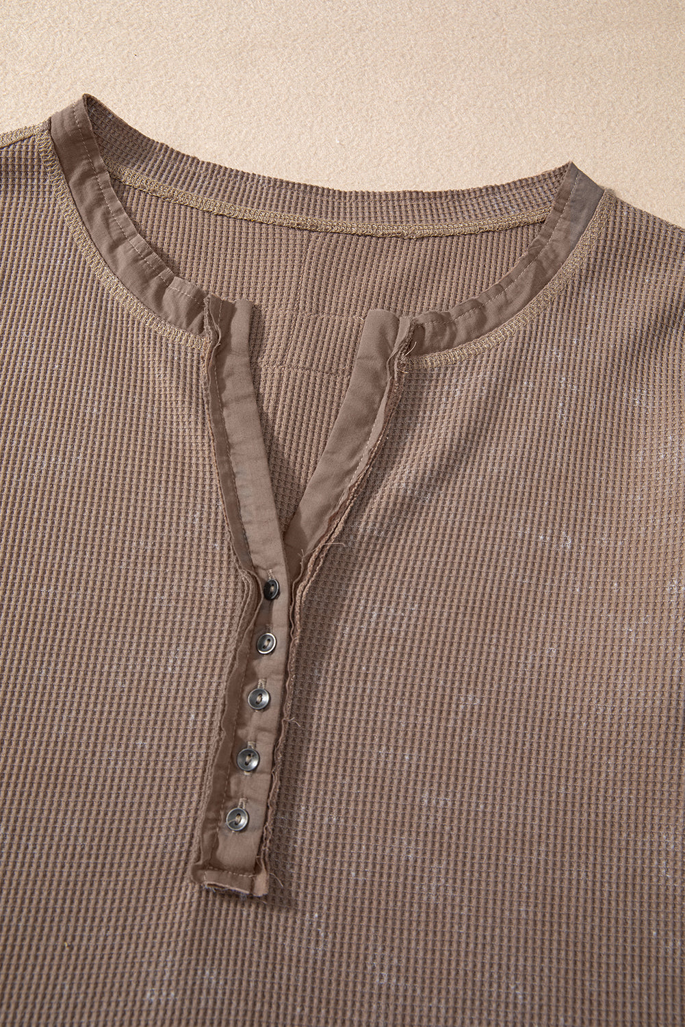 Coffee Button V Neck Waffle Knit Top