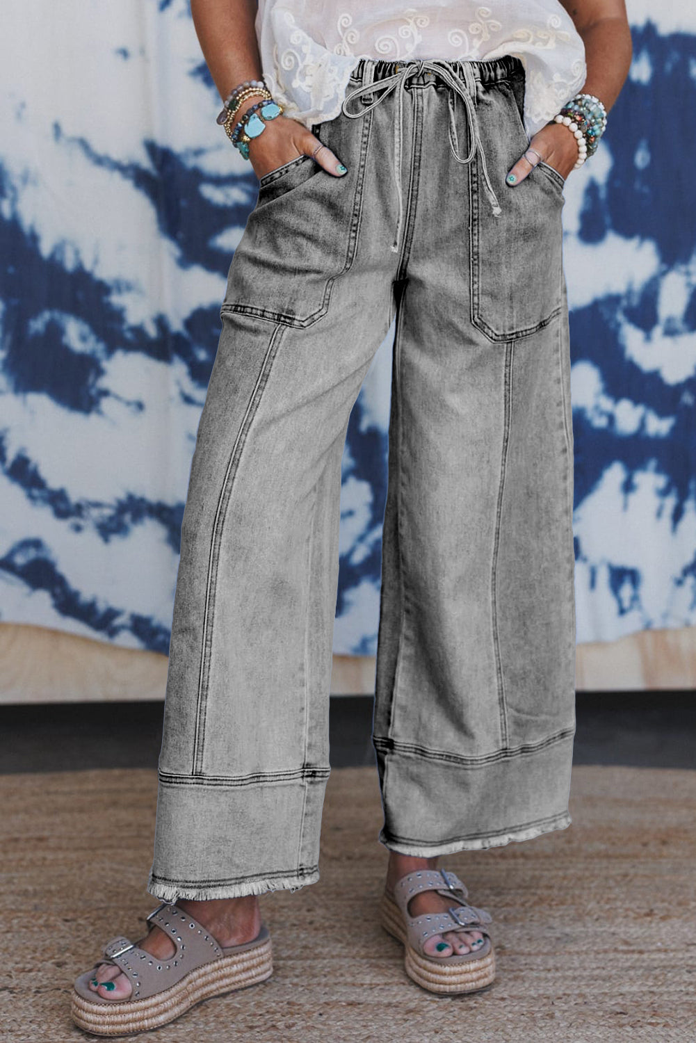 Drawstring Seam Detail Raw Hem Wide Leg Jeans -2 COLOR OPTIONS