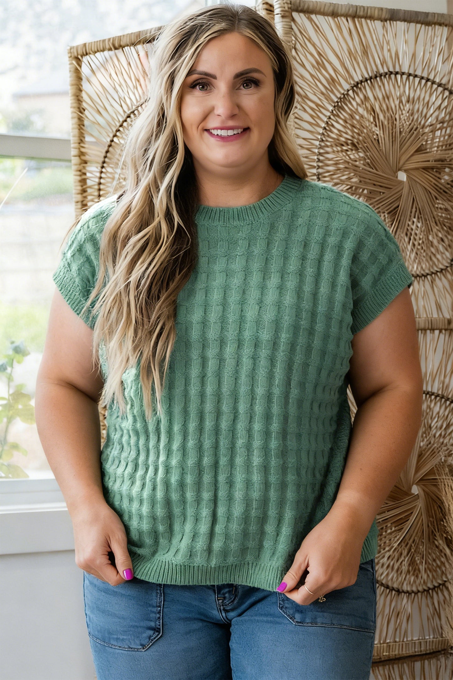 PLUS SIZE-Mist Green Solid Color Textured Knit Short Sleeve Sweater