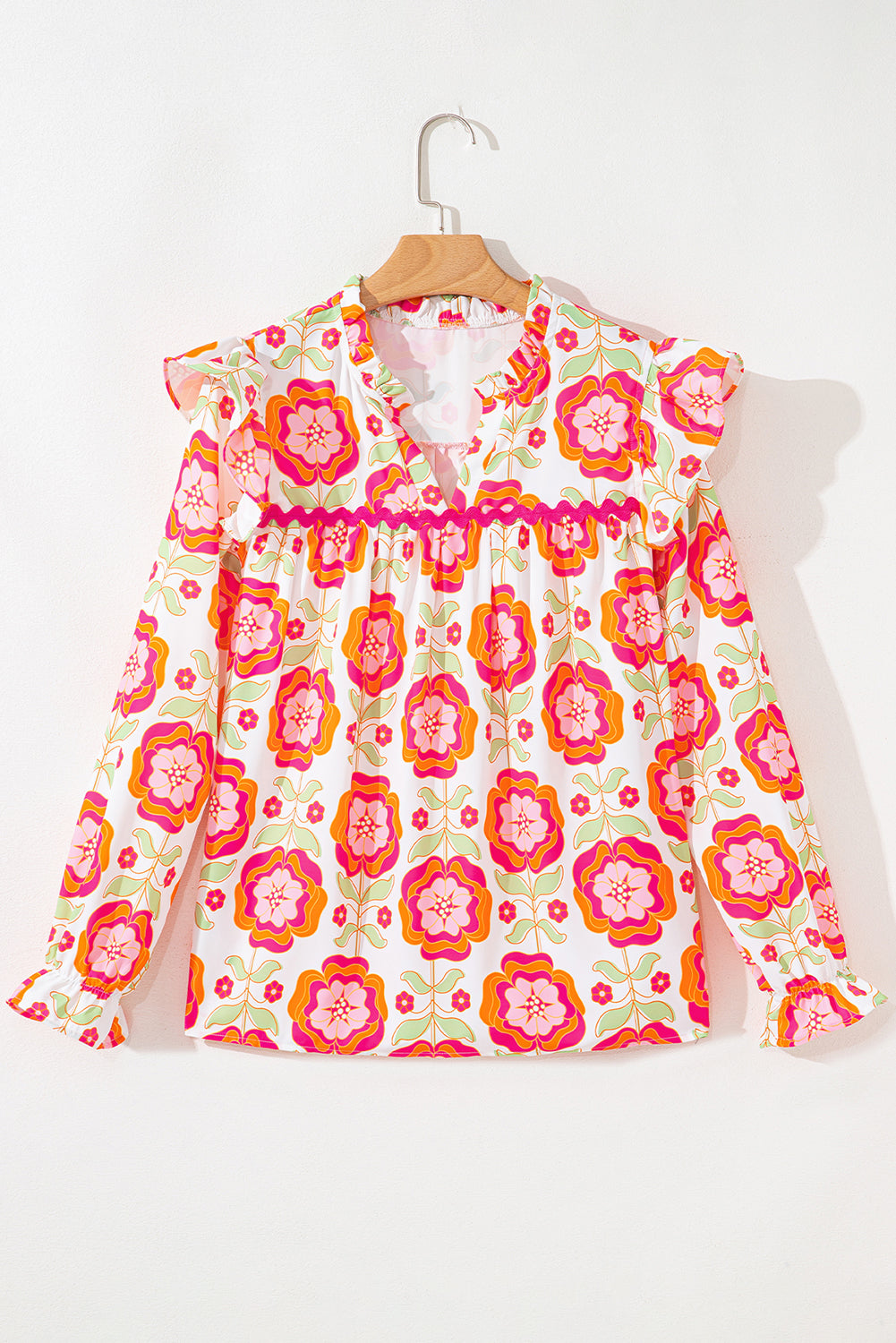 Rose Floral V Neck Ricrac Trim Ruffle Long Sleeve Blouse
