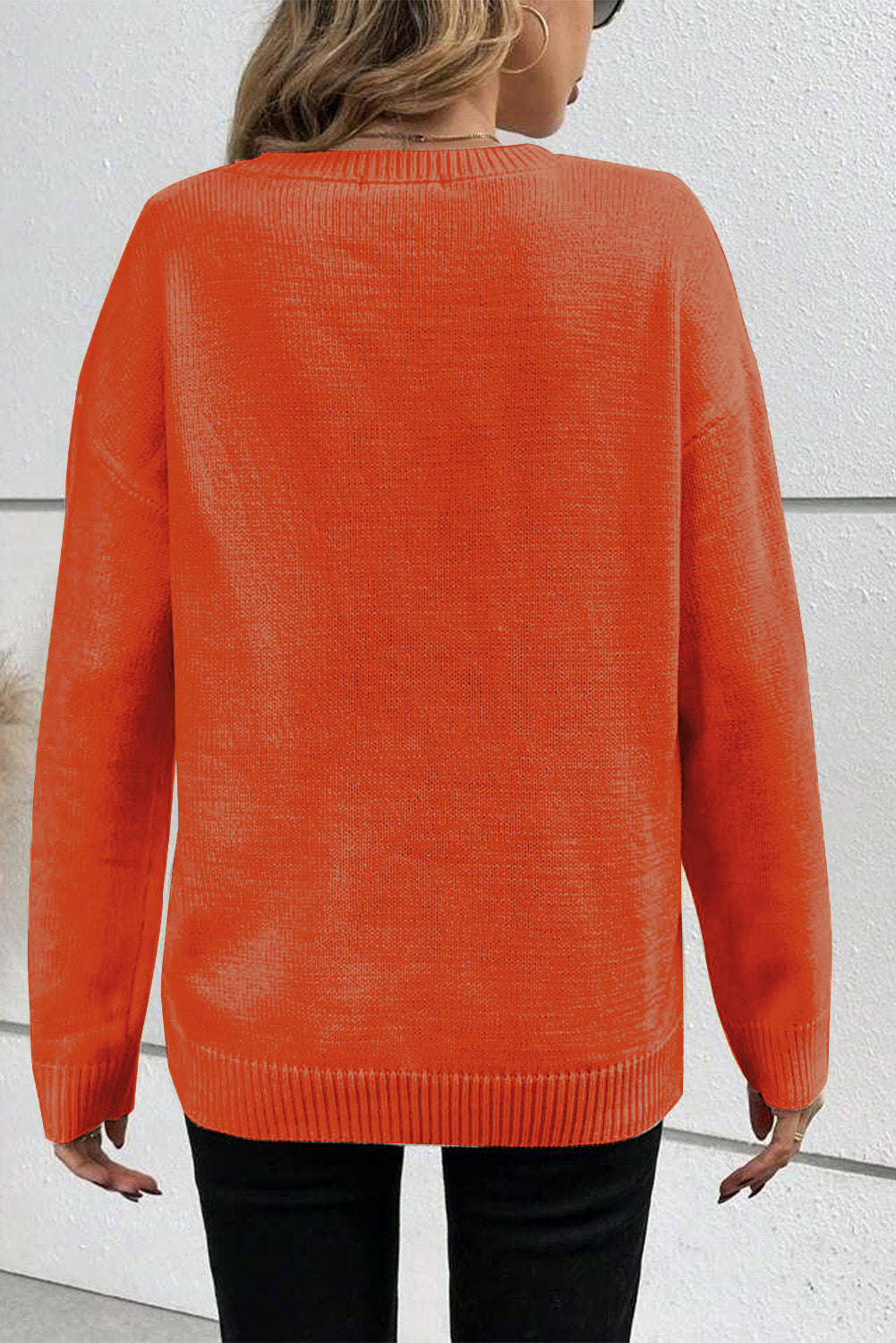 Boo Knitted Pattern Ribbed Edge Drop Shoulder Sweater -2 COLOR OPTIONS