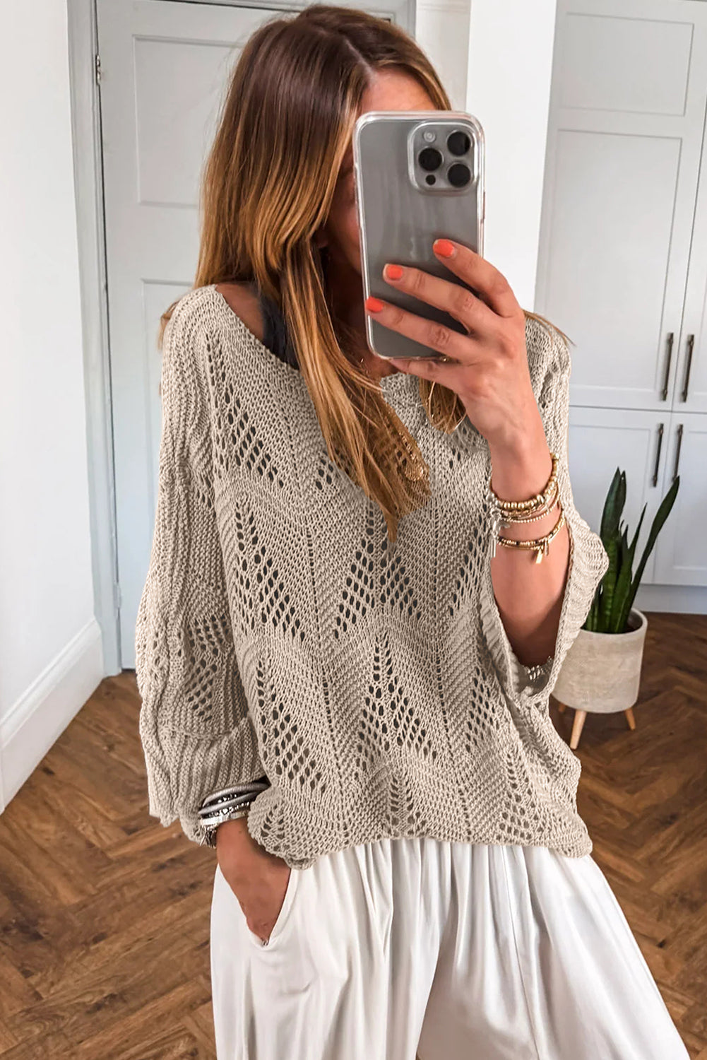 Hollow Out Knit 3/4 Sleeve Casual Sweater -2 COLOR OPTIONS