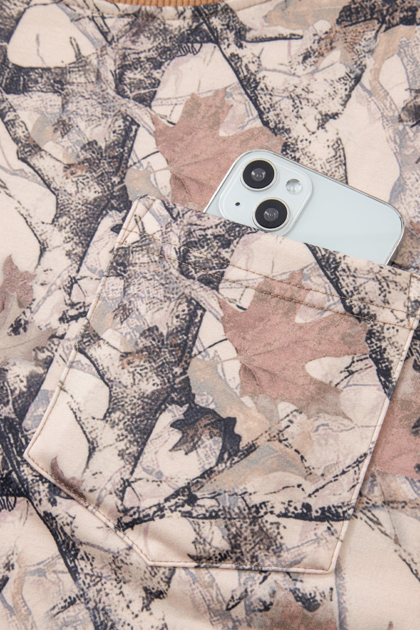 Khaki Camo Print Contrast Trim Long Sleeve Pullover Shorts Set
